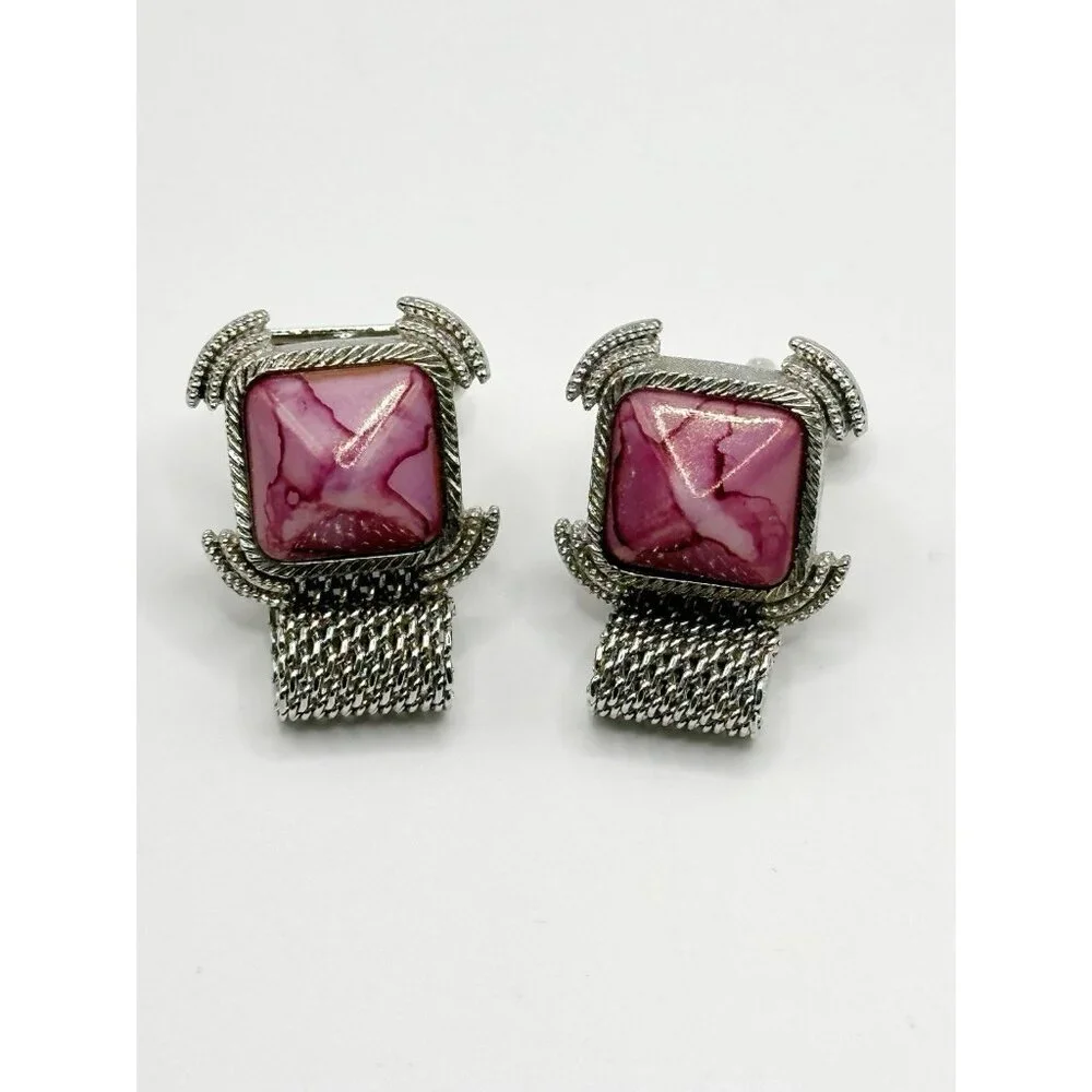 Pink Marbled Art Glass Silvertone Mesh‎ Cufflinks